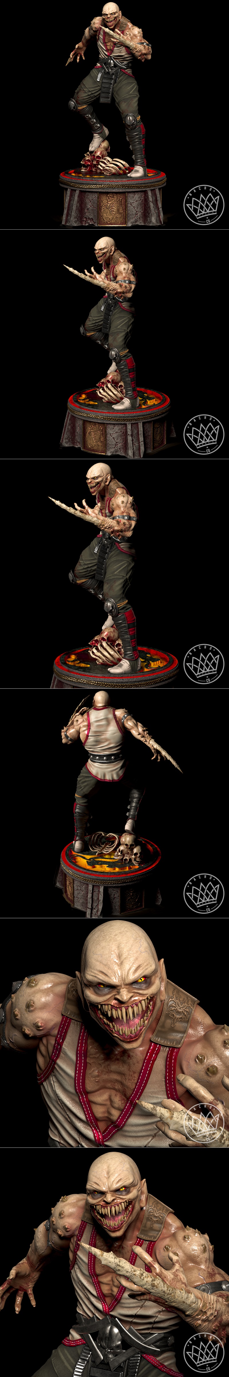 Baraka from Mortal Kombat statue, a monstrous character with arm blades and sharp teeth, standing on a pile of skulls...
