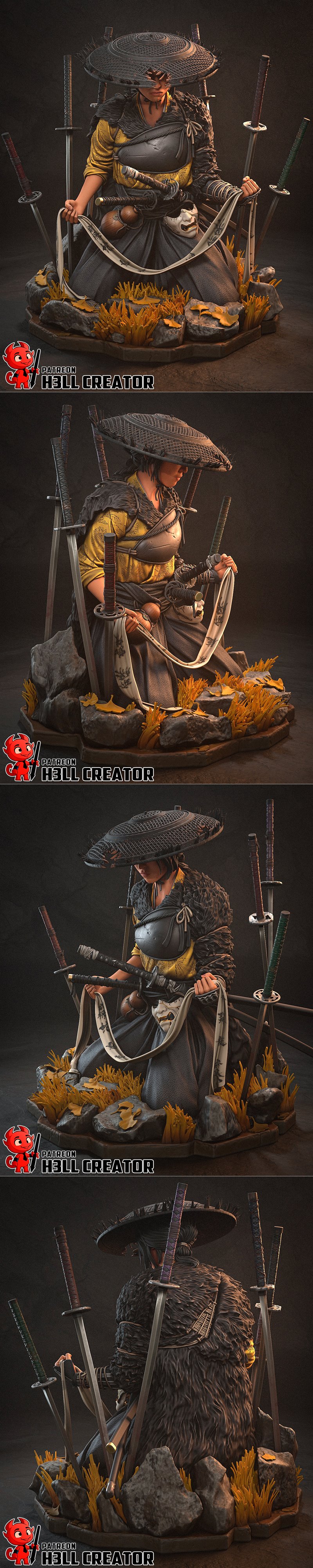 A warrior figure wearing a large straw hat and layered samurai armor, holding a sash and surrounded by katanas. A dec...