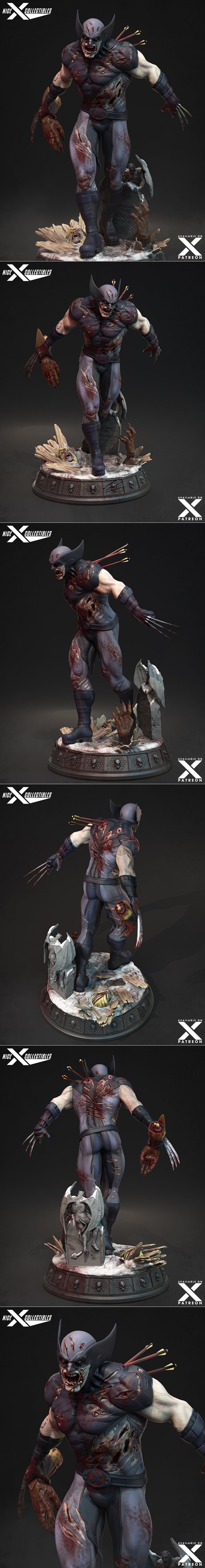 Wolverine Zombie 3D print model by Nice X Collectibles, a decaying figure with claws extended, arrows in its back, st...