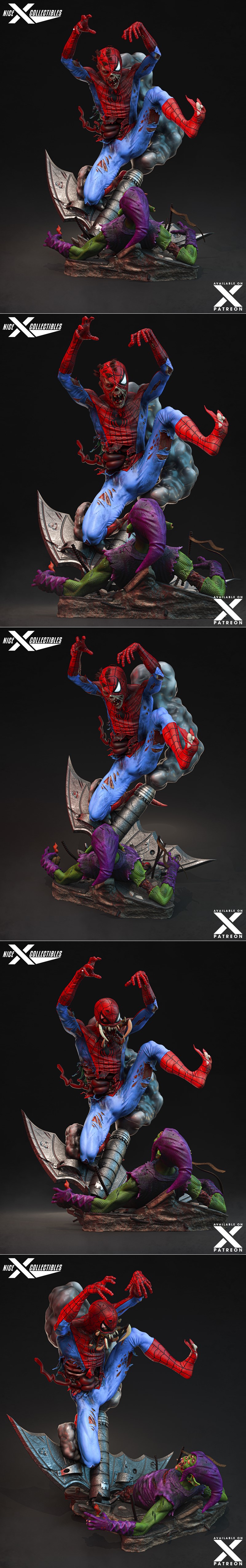 Zombie Spider-Man in a dynamic pose, tearing through a defeated Green Goblin on a rubble-strewn base. Spider-Man's su...
