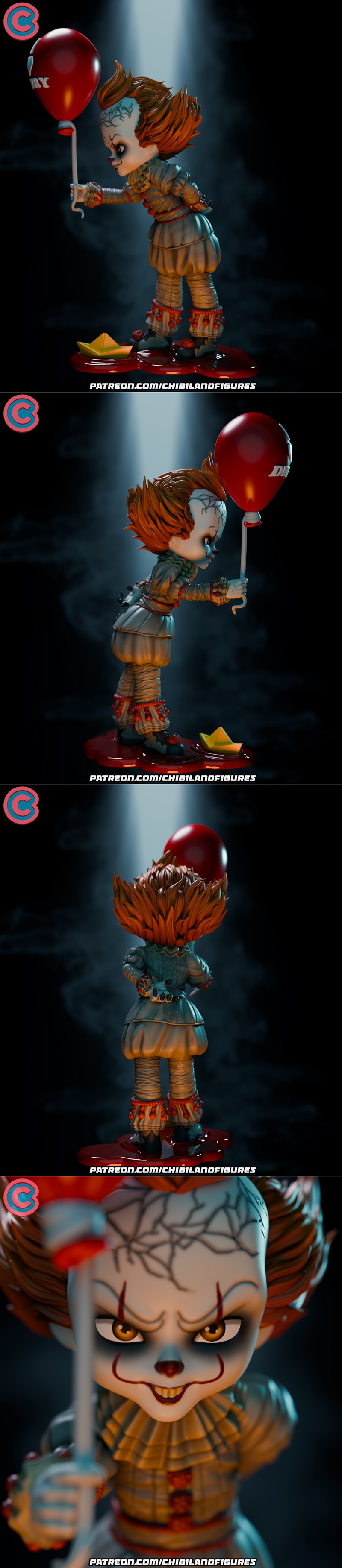Chibi Pennywise figure holding a red balloon that says 'I LOVE DERRY', standing on a base with blood and a paper boat...