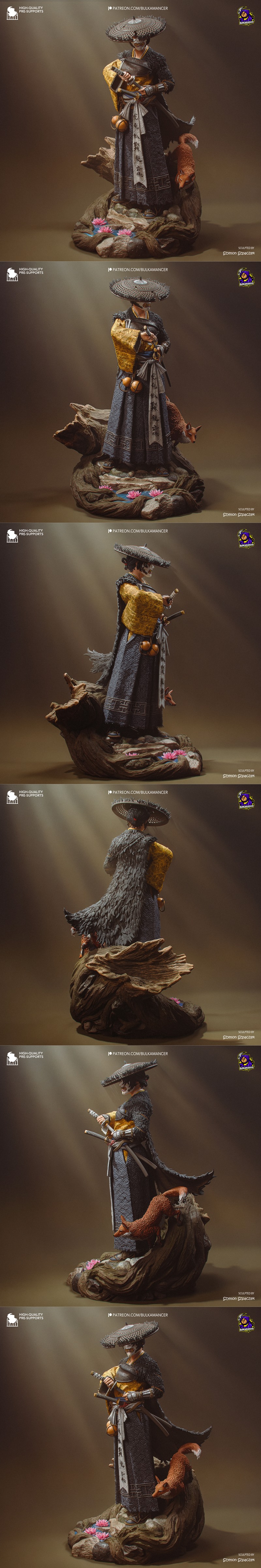 Samurai warrior figure with a mask, straw hat, and katana, holding the sword in a combat stance. Detailed armor and r...