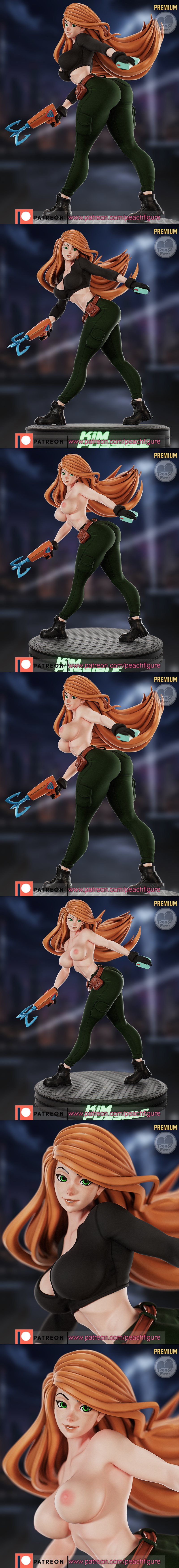 Kim Possible 3D figure in action pose, wearing black crop top, green cargo pants, and boots, holding a futuristic gad...
