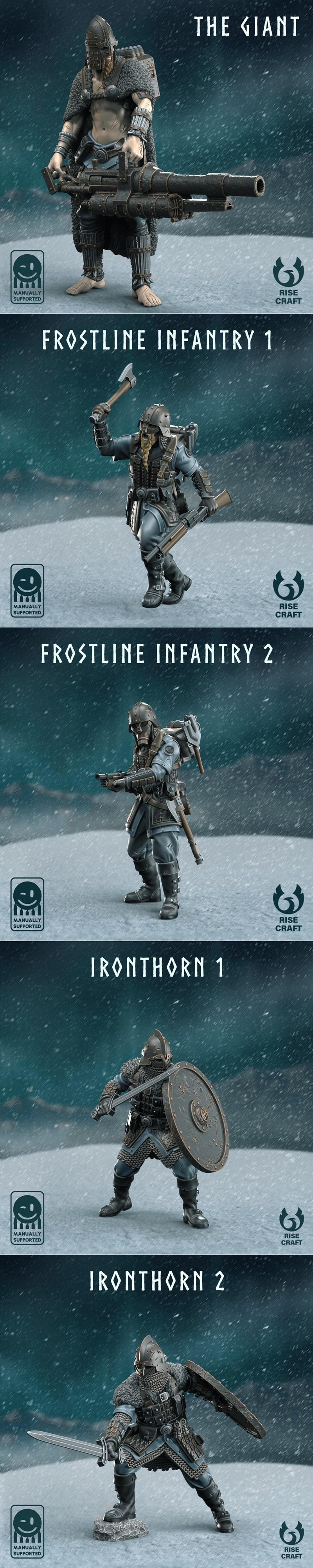 A collection of 3D printable Viking figures from Rise Craft, titled 'Trenches of Midgard: A Complete WWII Viking Warb...
