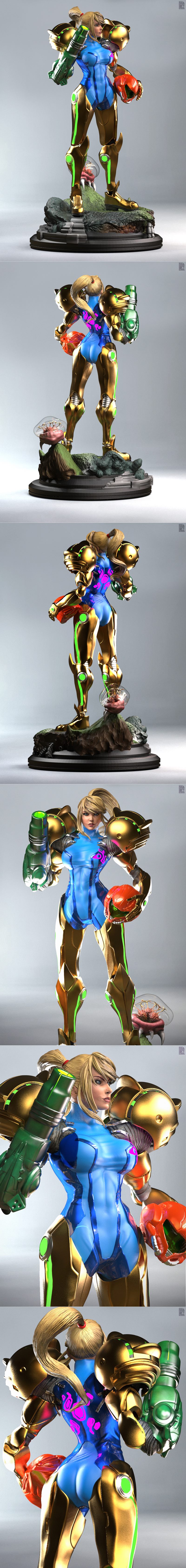 Samus Aran in Varia Suit, gold and blue armor, arm cannon raised, holding Metroid helmet, standing on rocky base with...