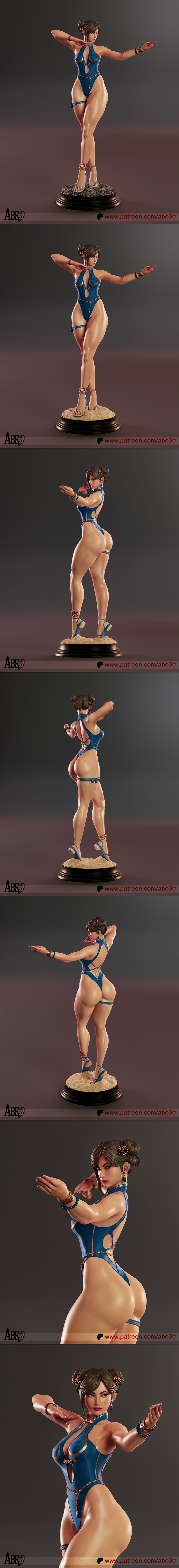 Chun-Li in a blue, high-cut bodysuit and blue sandals, striking a combat pose on a textured base. Her hair is styled...