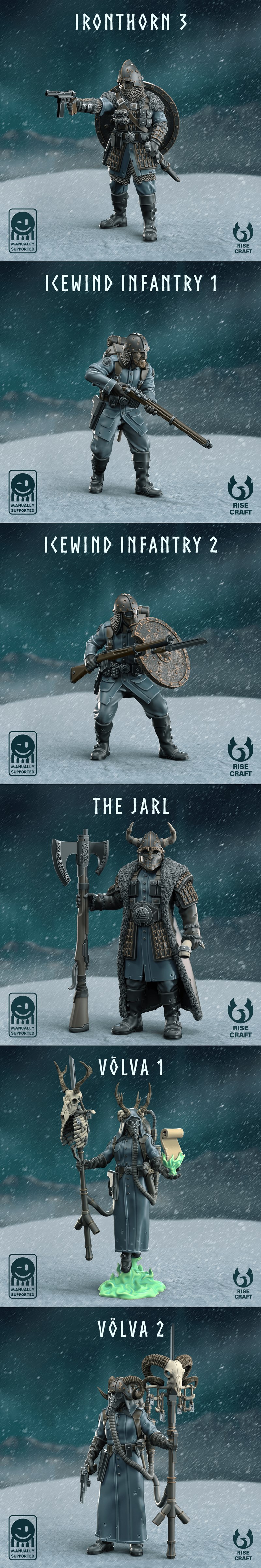 A collection of 3D printable Viking figures from Rise Craft, titled 'Trenches of Midgard: A Complete WWII Viking Warb...