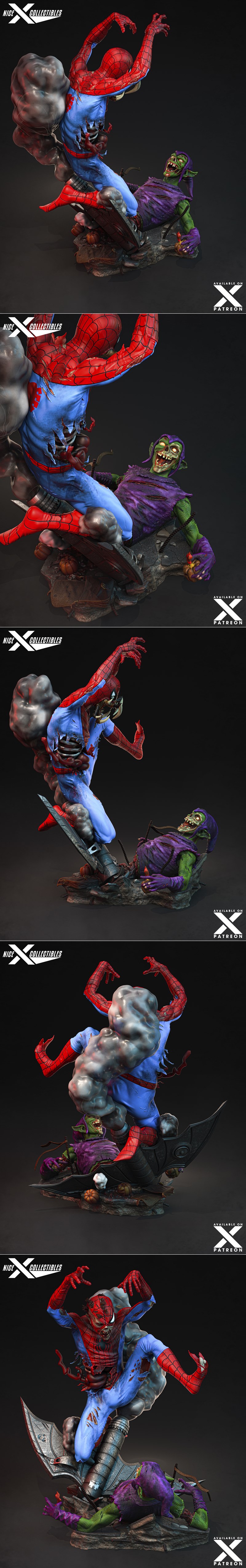 Zombie Spider-Man in a dynamic pose, tearing through a defeated Green Goblin on a rubble-strewn base. Spider-Man's su...