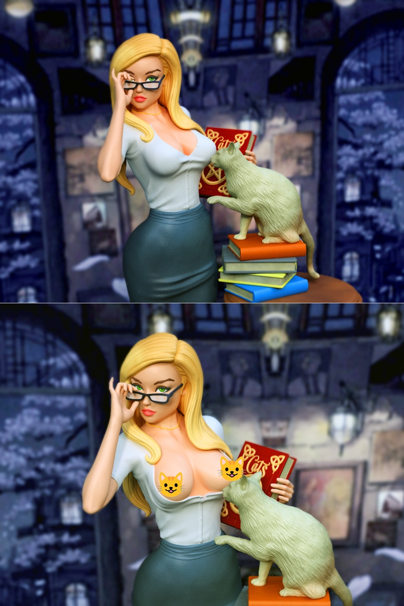 Blonde woman in glasses and a pencil skirt, holding a book, with a cat on a stack of books. Exclusive studio 3D model.