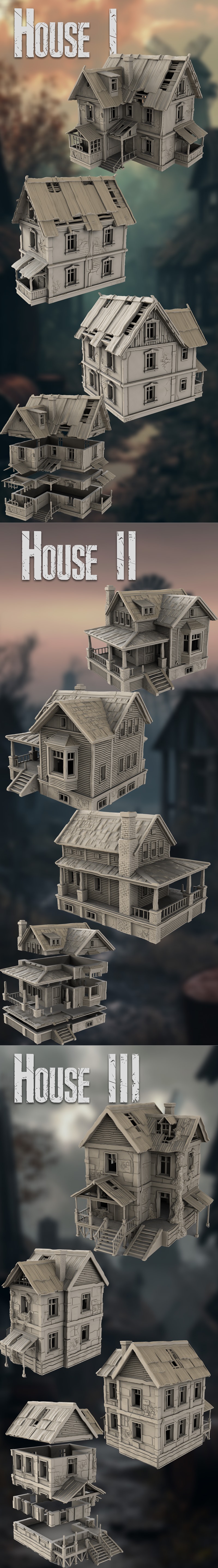 Collection of 3D printable STL houses in a post-apocalyptic style, inspired by '7 Days to Die'. Models show weathered...