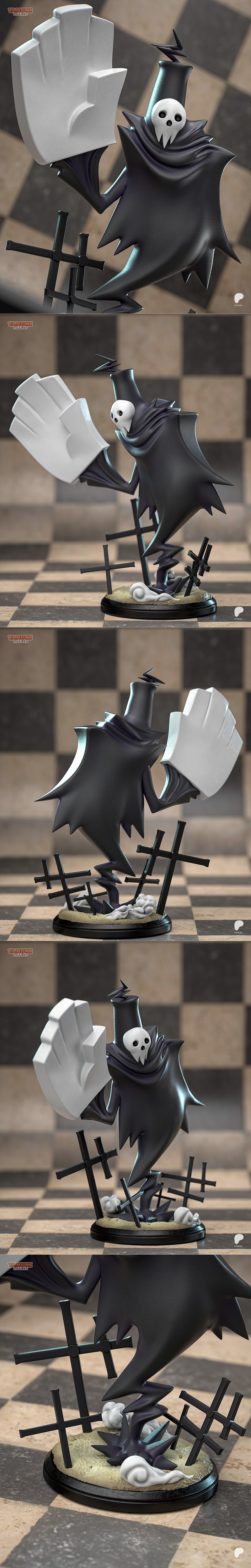 Chibi Lord Death figure from Soul Eater, wearing a black cloak with a skull face and a large white glove, standing on...