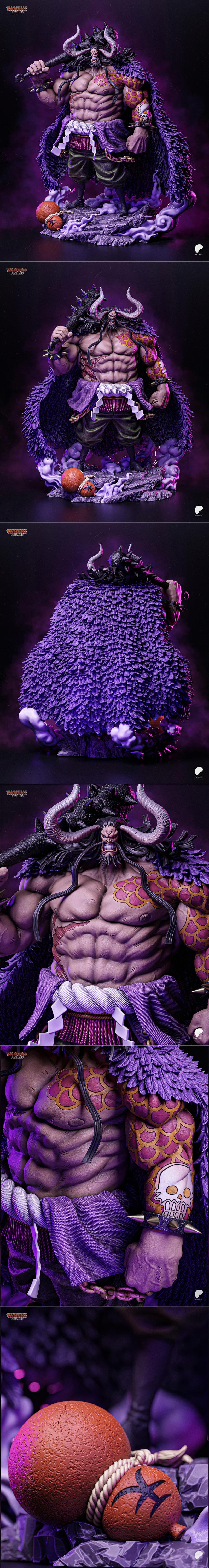 Kaido figure from One Piece, muscular with horns, fur cloak, and spiked club, standing on a rocky base with purple sm...