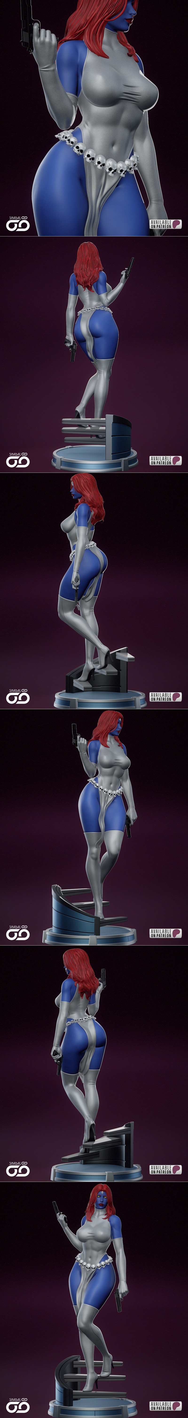 Mystique 3D model by Shadaloo Studios, blue-skinned woman with red hair, wearing a white bodysuit and a skull belt, h...