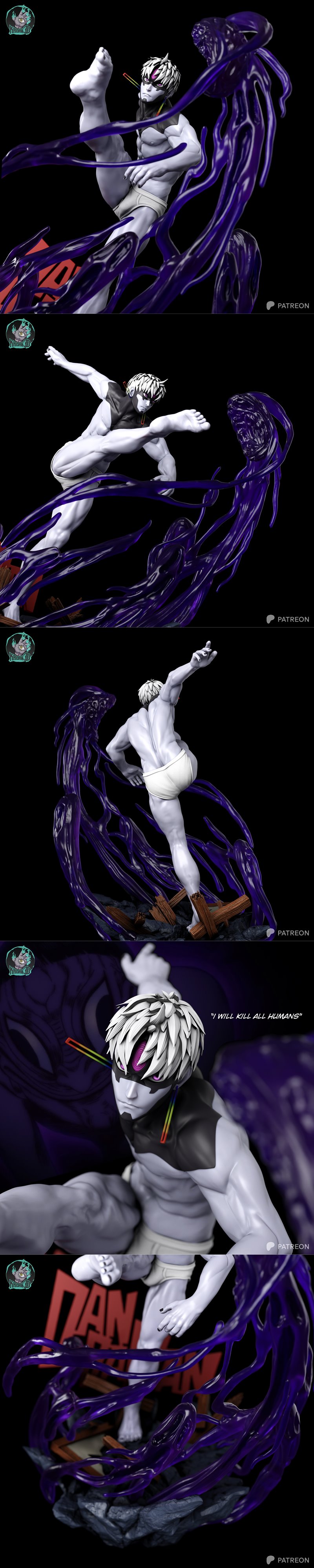 Male figure of Evil Eye from Jujutsu Kaisen in a dynamic kick pose, surrounded by swirling dark purple energy. He has...