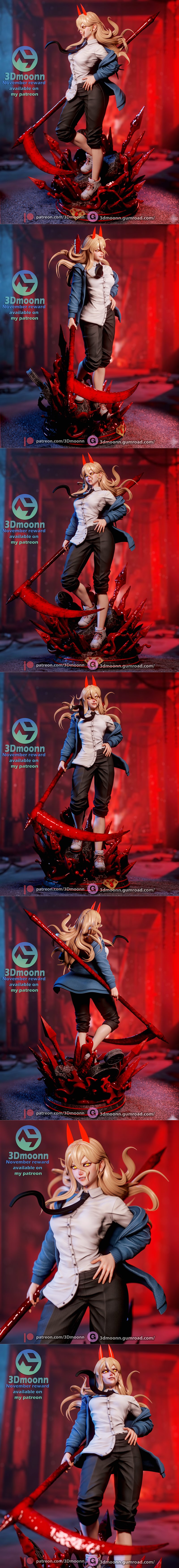3Dmoonn 3D printable figure of Power from Chainsaw Man, standing dynamically with a blood scythe, wearing a white shi...