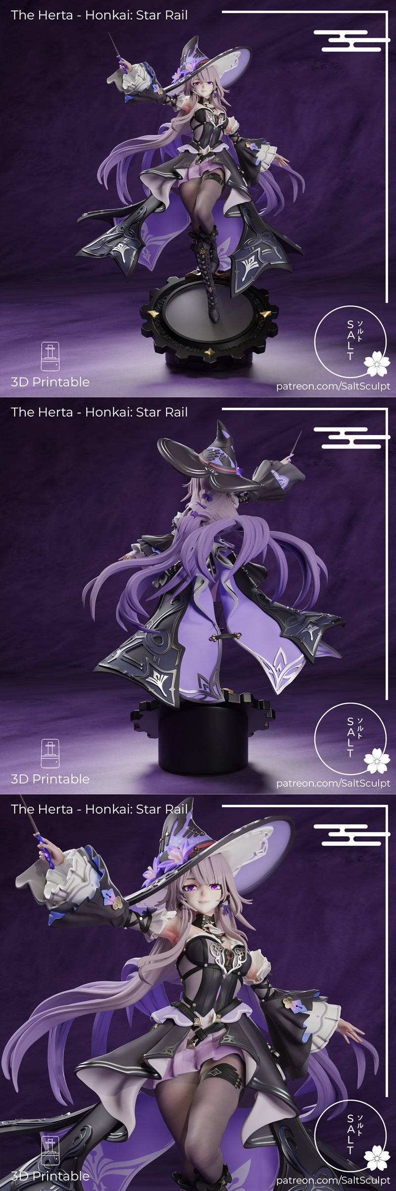 Herta from Honkai Star Rail figure by Saltsculpt, wearing a witch hat and ornate black and purple dress, holding a ma...
