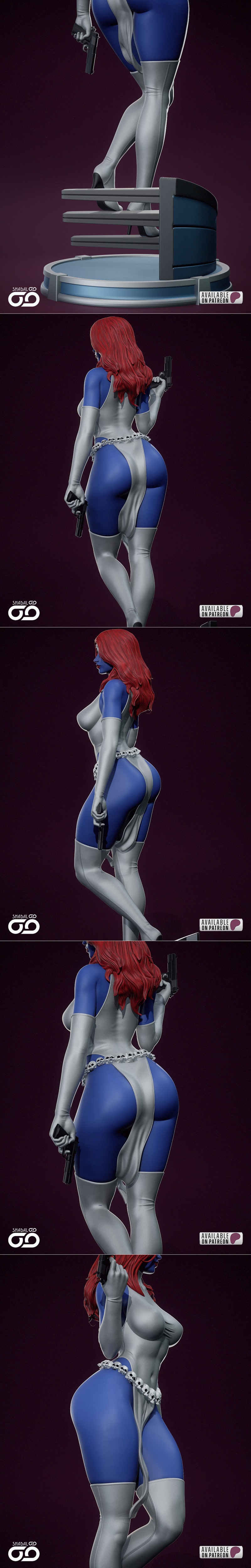 Mystique 3D model by Shadaloo Studios, blue-skinned woman with red hair, wearing a white bodysuit and a skull belt, h...