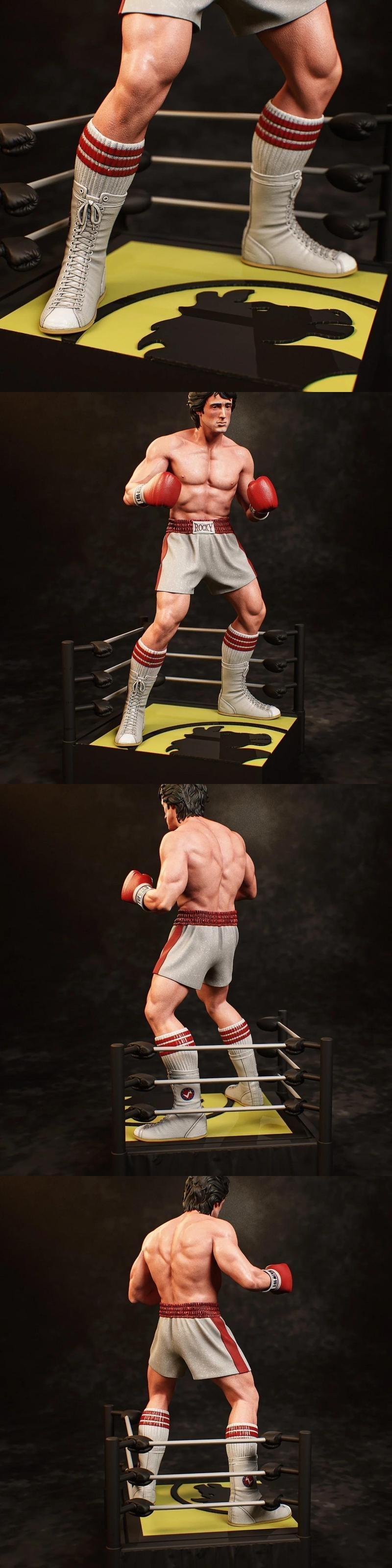 3D model of Rocky Balboa in boxing shorts and red gloves, muscular physique, determined expression, fighting stance.