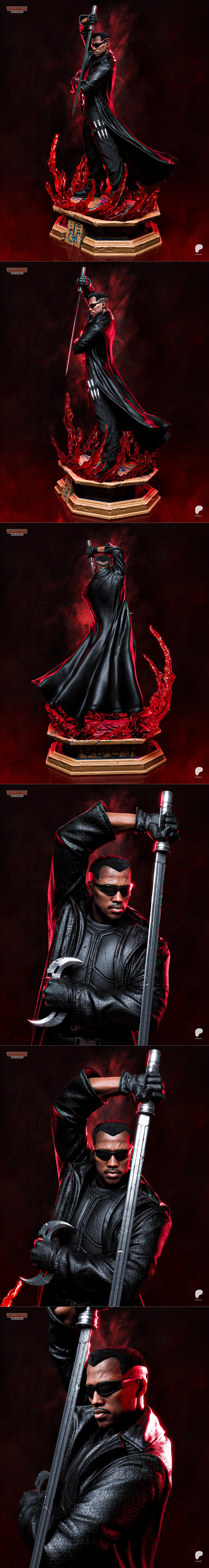 Blade figure in black leather coat and pants, holding a sword overhead and a smaller blade in his other hand, standin...