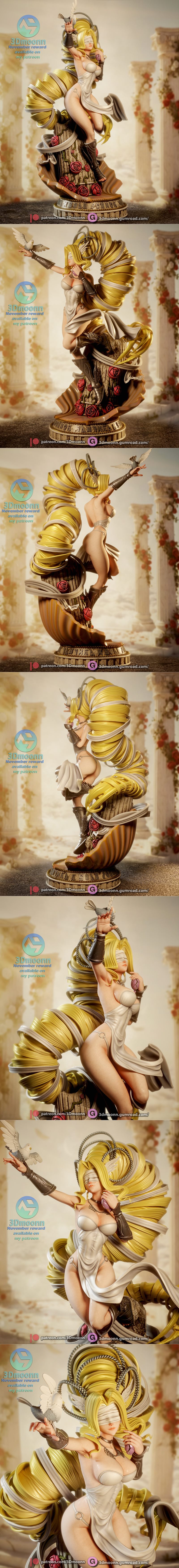 3Dmoonn Venusmon figure with blindfold, holding a dove, seated on a shell base with roses, flowing blonde hair, white...