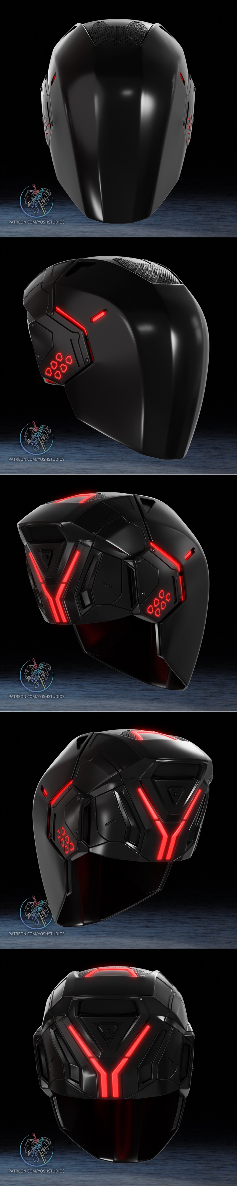 Sleek black Tron Ares Helmet with glowing red hexagonal lights and linear accents, presented against a dark background.