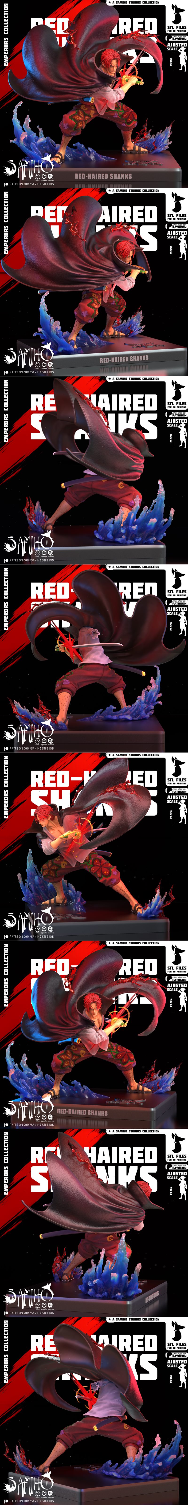 3D printable figure of Red-Haired Shanks from One Piece, posed dynamically with his sword, wearing a red shirt, patte...