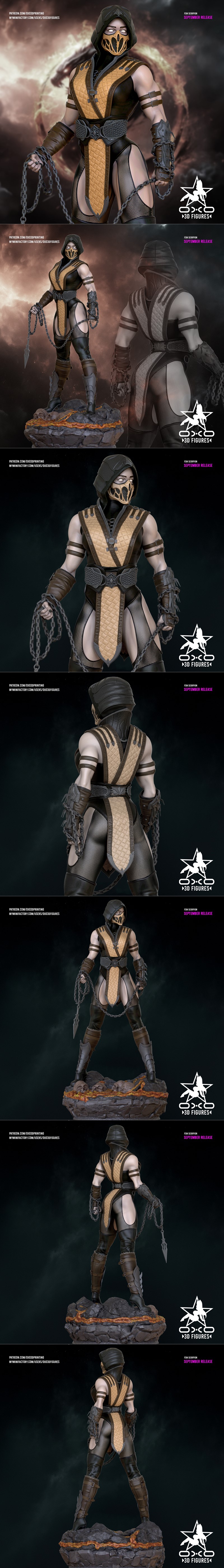 Female Scorpion character 3D model, wearing a hooded outfit with a mask, holding a chain weapon, standing on a rocky...