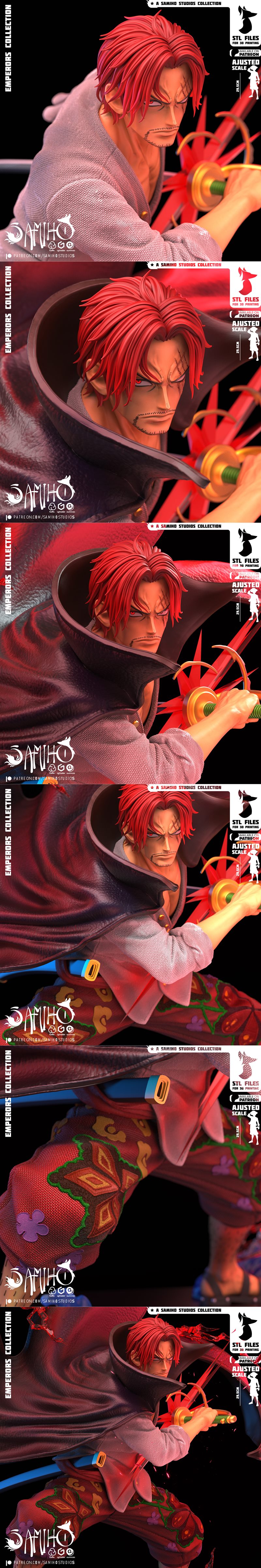 3D printable figure of Red-Haired Shanks from One Piece, posed dynamically with his sword, wearing a red shirt, patte...