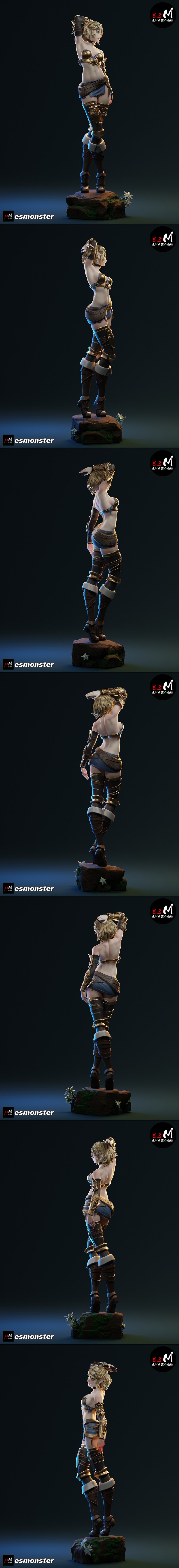 Zelda figure in golden fantasy armor, short blue skirt, and dark leggings, standing on a rock base. Blonde elf with g...