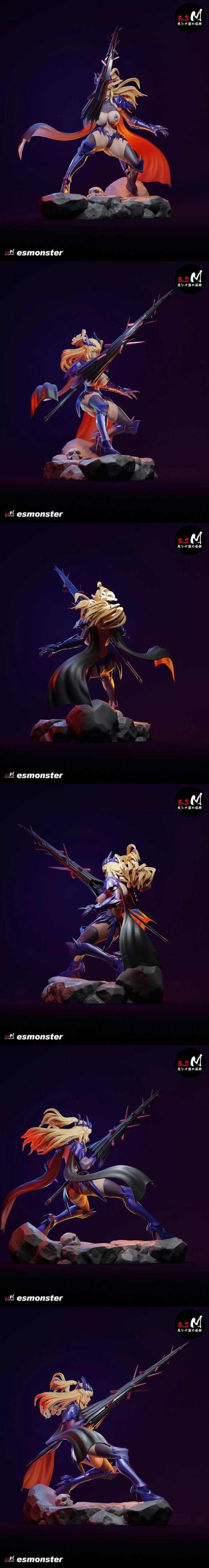 Artoria Pendragon Alter figure in dark armor and cape, holding a spiky sword, posed on a rocky base with a skull. Blo...