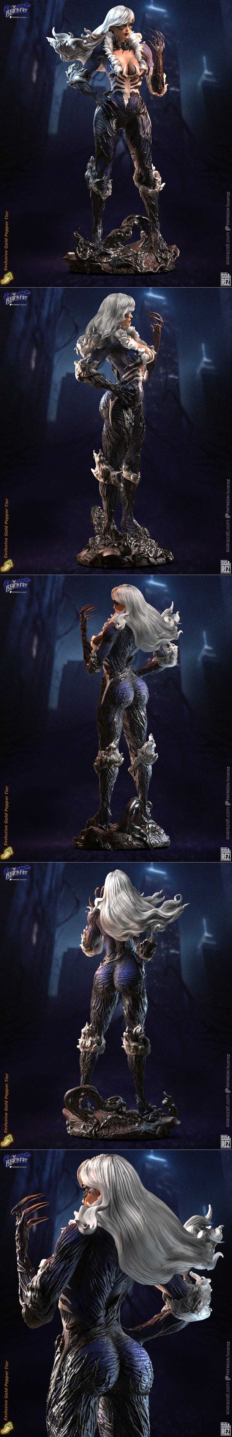 Venomized Black Cat 3D model figure by Soarez 3D, standing dynamically with white hair flowing, wearing a dark, textu...