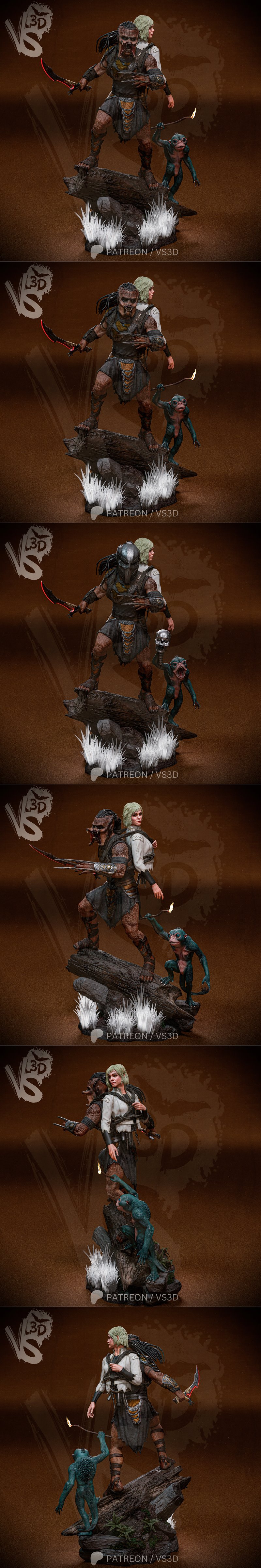 VS3D Yautja warrior from Predator Badlands holding an energy sword and wrist blades, with a human figure and a small...