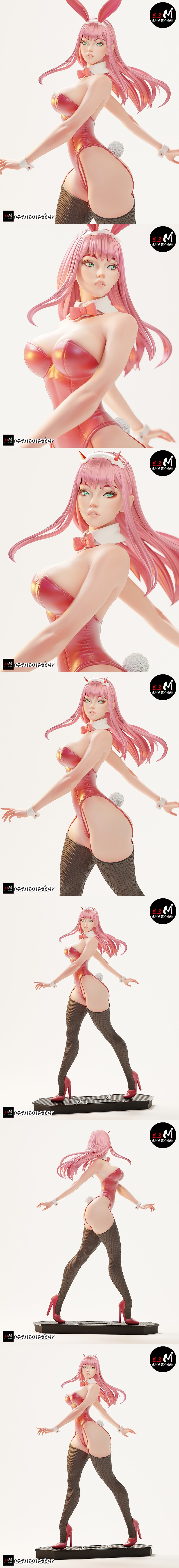 Zero Two from Darling in the Franxx in a red bunny suit, pink hair, bunny ears, fishnet stockings, and red heels, pos...