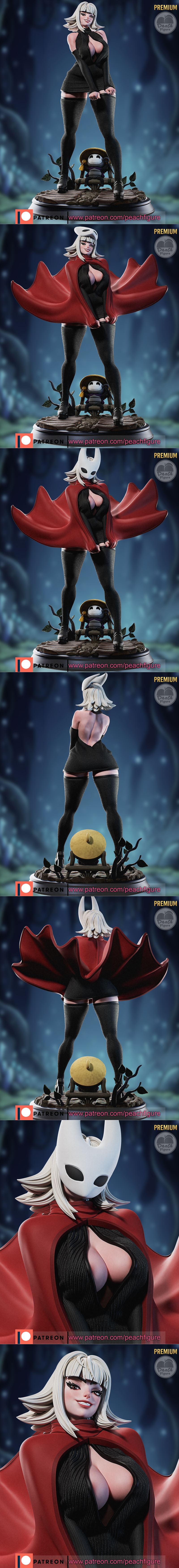 Hornet from Hollow Knight figure by Peach Figure, wearing a red cape and revealing black top, with thigh-high stockin...