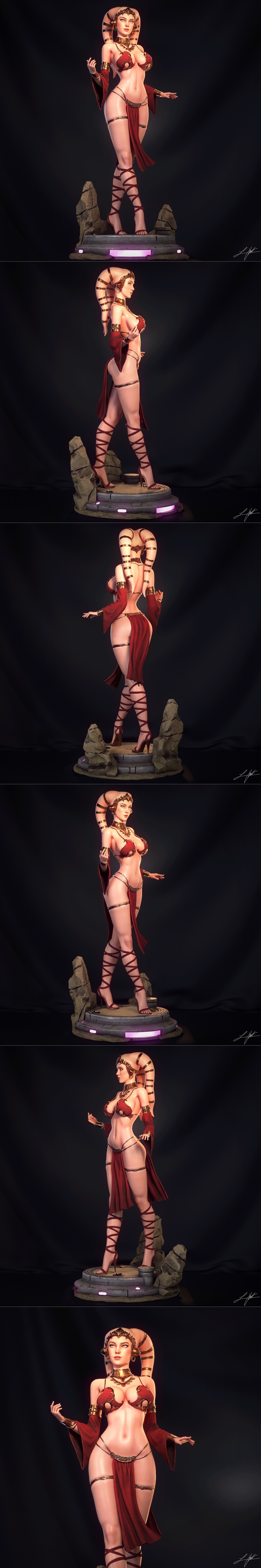 Twi'lek Hostess 3D model by Abe3D, wearing a red bikini and flowing fabric, with red leg wrappings and heels, standin...