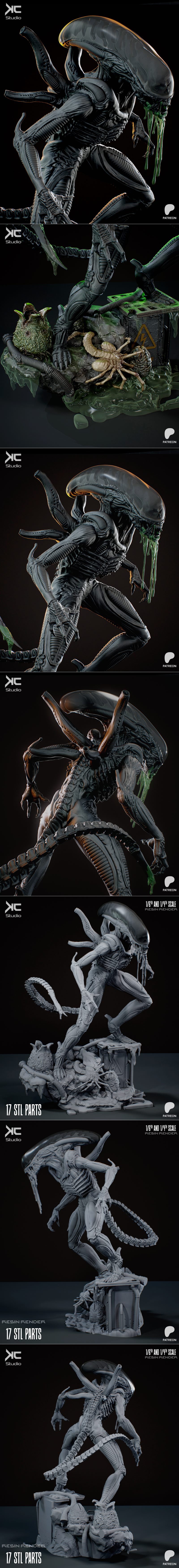 KC Studio Xenomorph figure in a menacing pose on a diorama base with a facehugger and dripping slime. Biomechanical c...