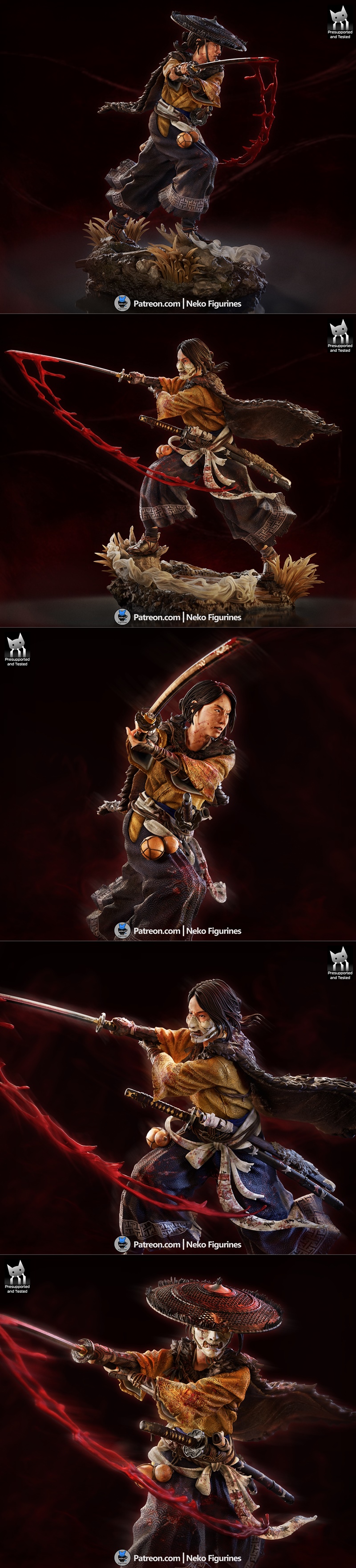 Atsu (Ghost Of Yotei) 3D model figure in a dynamic pose, wielding a bloody katana with red energy effects. Wears a st...