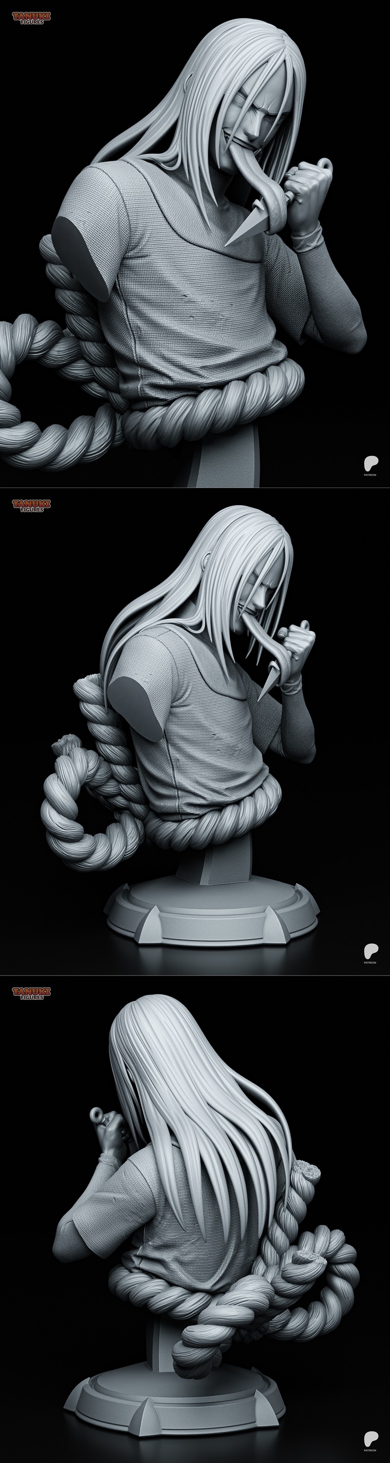 Orochimaru bust 3D model by Tanuki Figures, with long hair, extended tongue holding a kunai, and coiled rope around t...
