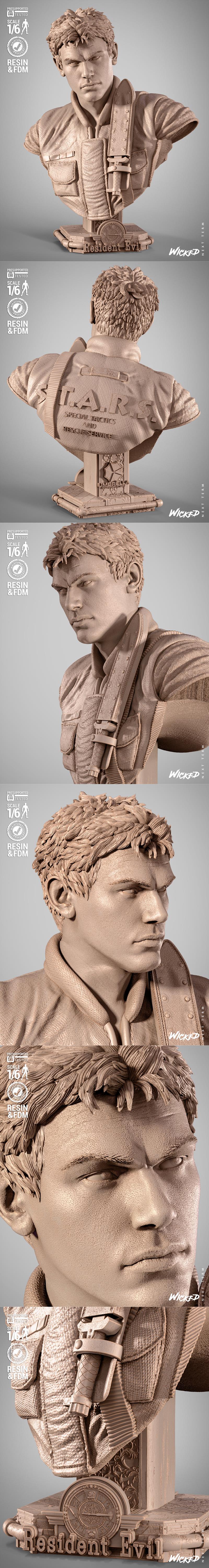 Bust of Chris Redfield from Resident Evil, featuring a stern expression and detailed tactical vest. Rendered in a gra...
