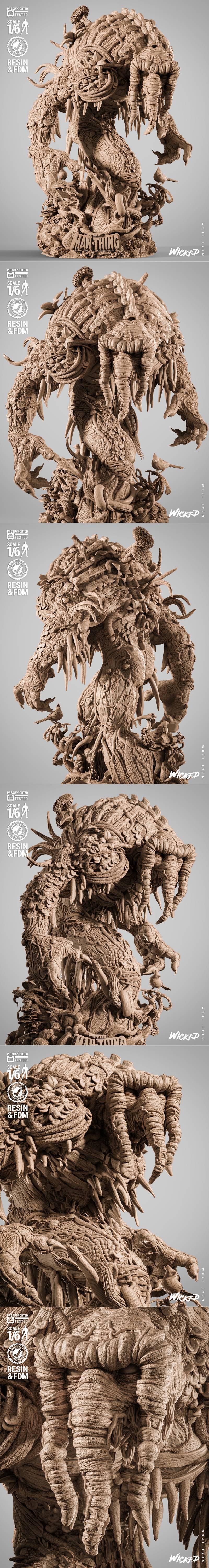 Man-Thing creature sculpture made of roots and moss, with red eyes, surrounded by trees, mushrooms, and birds. The ba...