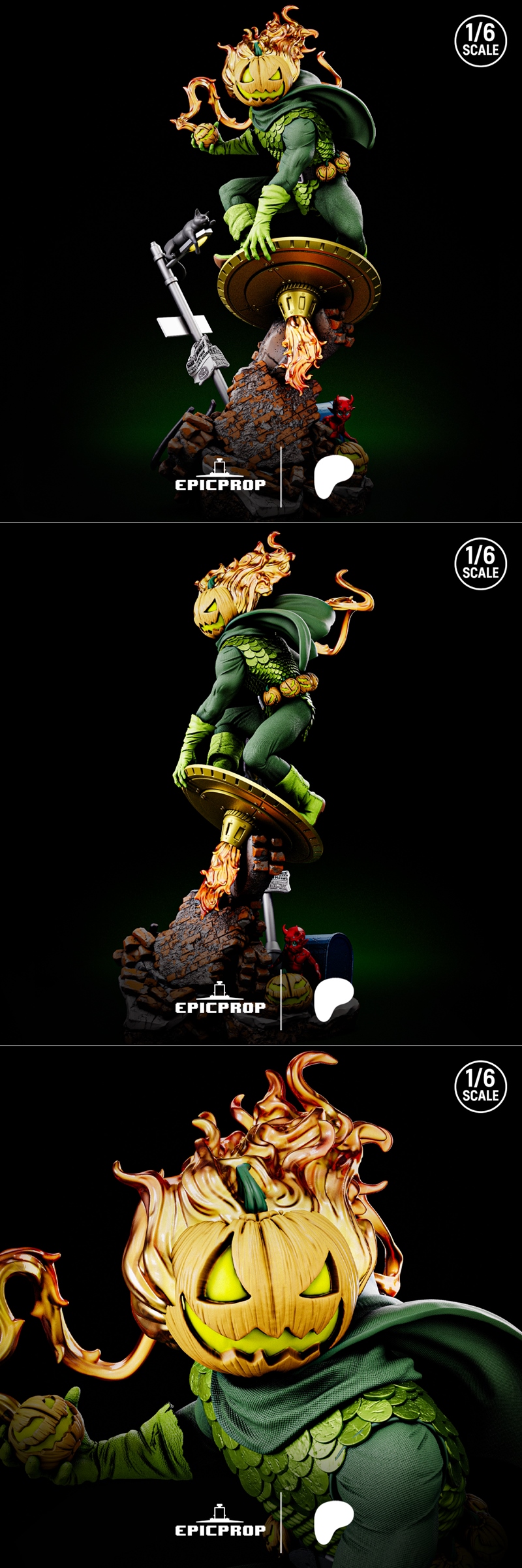 1/6 scale 3D print figure of Marvel's Jack O'Lantern, crouching with a pumpkin head and green costume, holding a smal...