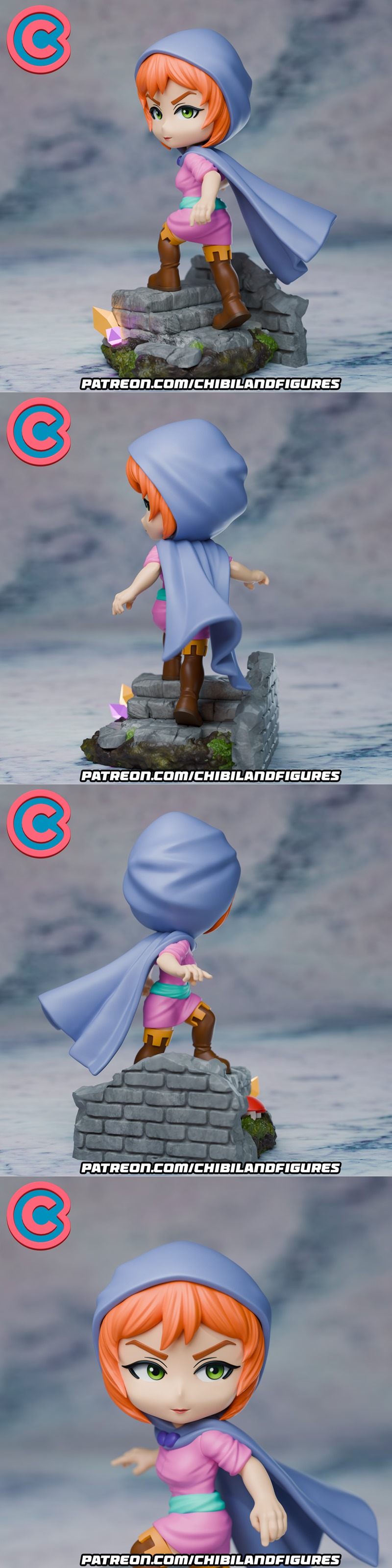 Chibi Sheila figure with orange hair, green eyes, pink tunic, blue cape, and brown boots, ascending mossy stone steps...