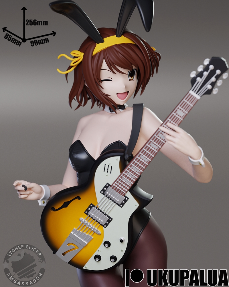 Suzumiya Haruhi anime figure in bunny girl outfit holding a guitar and winking, standing on a wooden base. Model by U...