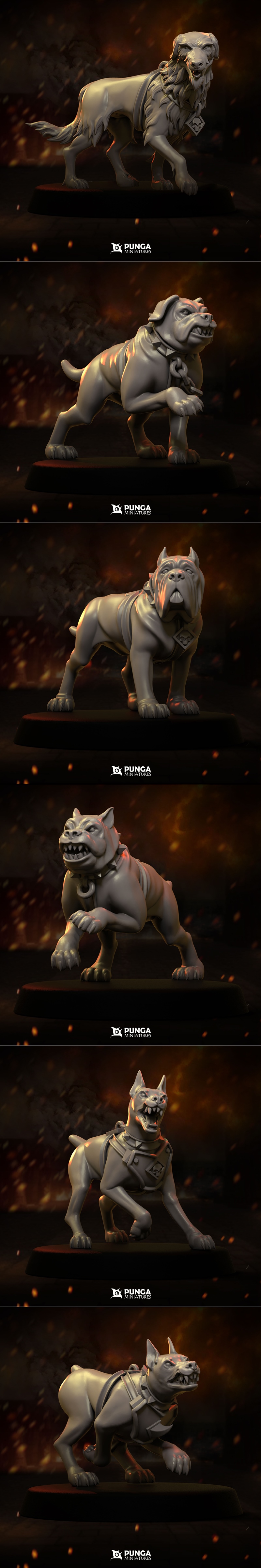 Collection of five canine miniatures from Punga Miniatures: two large mastiff-style dogs, one with a regal mane, and...