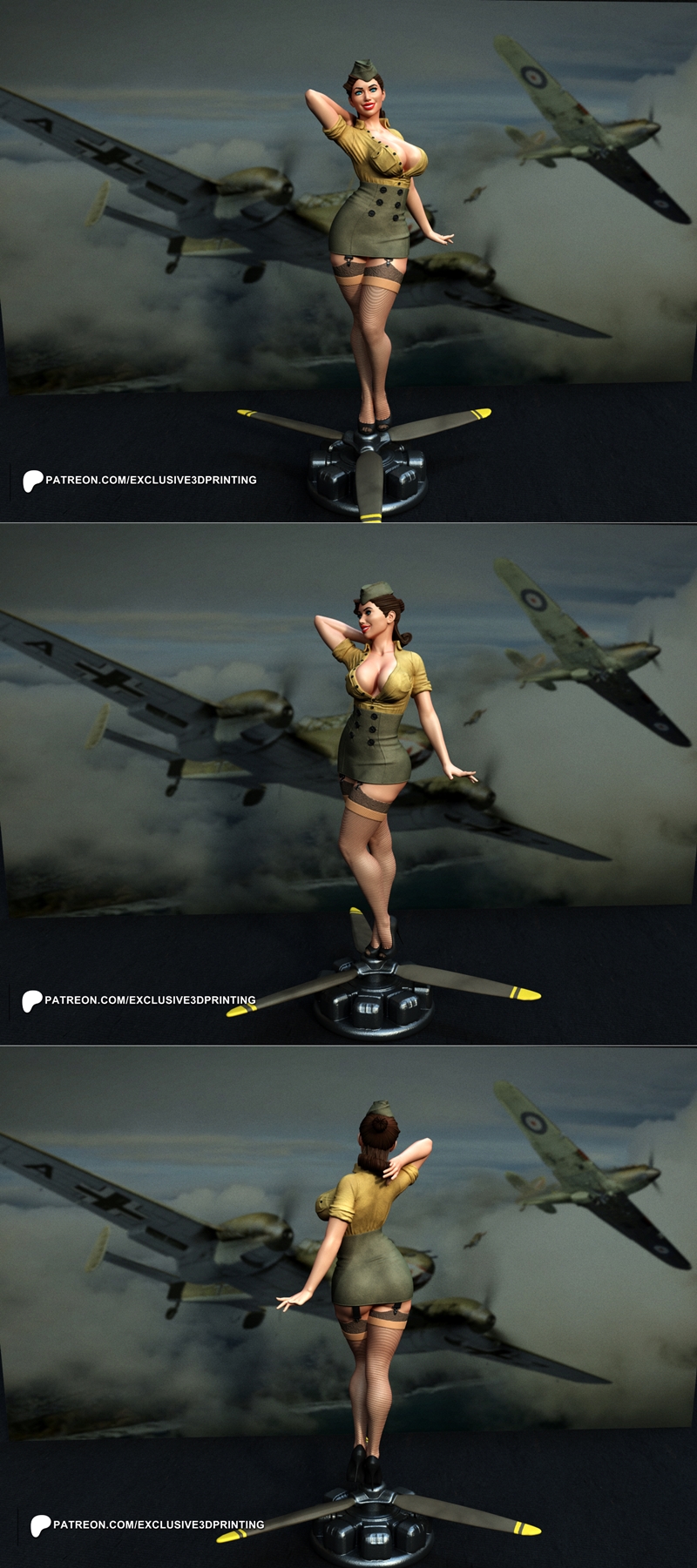 Pin-up girl in vintage army pilot uniform, short skirt, thigh-high stockings, standing on a propeller. One hand behin...