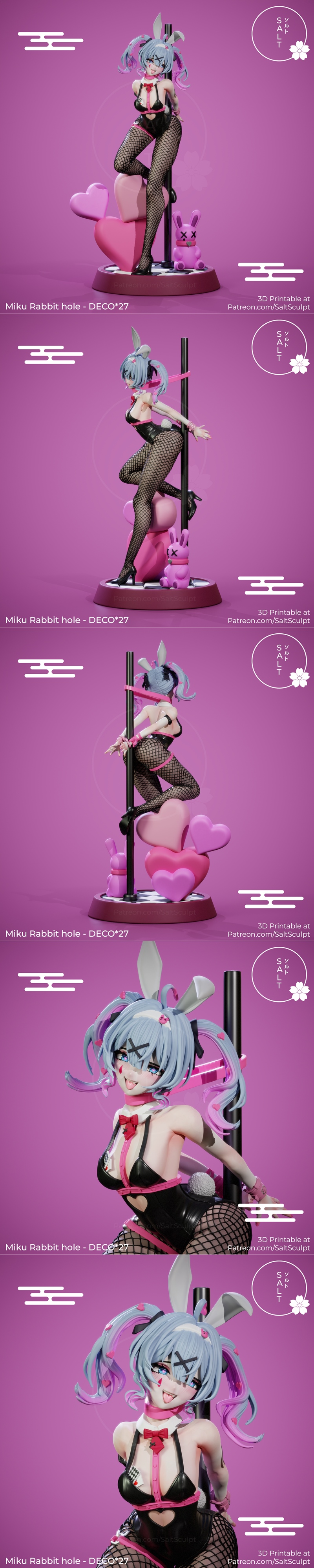Anime-style figure of Miku Rabbit Hole in a black bunny outfit, posing on a pole with fishnet stockings and bunny ear...