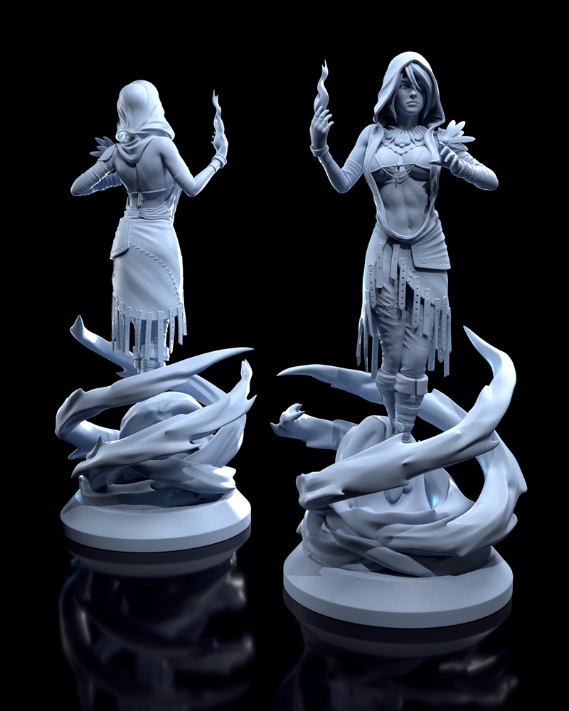 Morrigan succubus figure with hooded cloak, conjuring purple magic, standing on energy base. Detailed sculpt by h3LL...