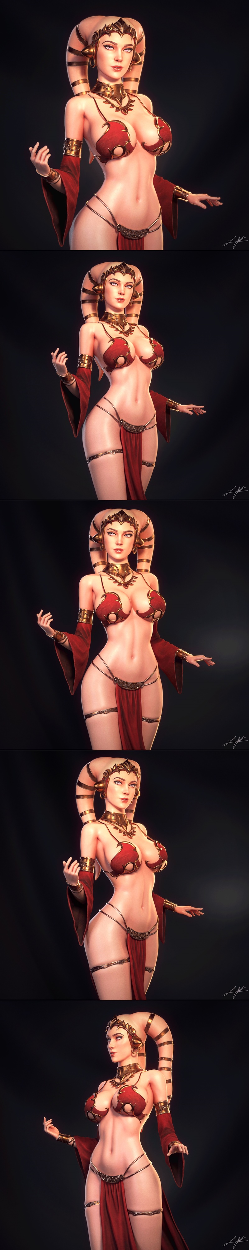 Twi'lek Hostess 3D model by Abe3D, wearing a red bikini and flowing fabric, with red leg wrappings and heels, standin...