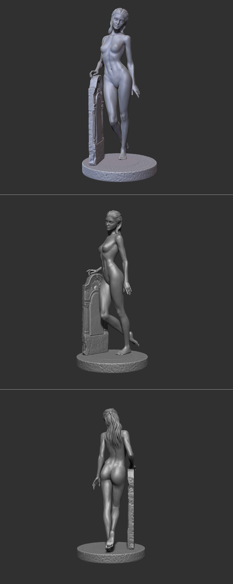 Nude female figure leaning against a carved rock, detailed anatomy, classical sculpture style, 3D model.