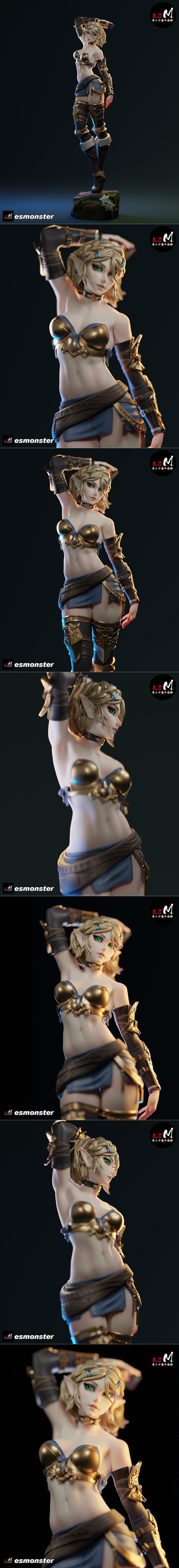 Zelda figure in golden fantasy armor, short blue skirt, and dark leggings, standing on a rock base. Blonde elf with g...